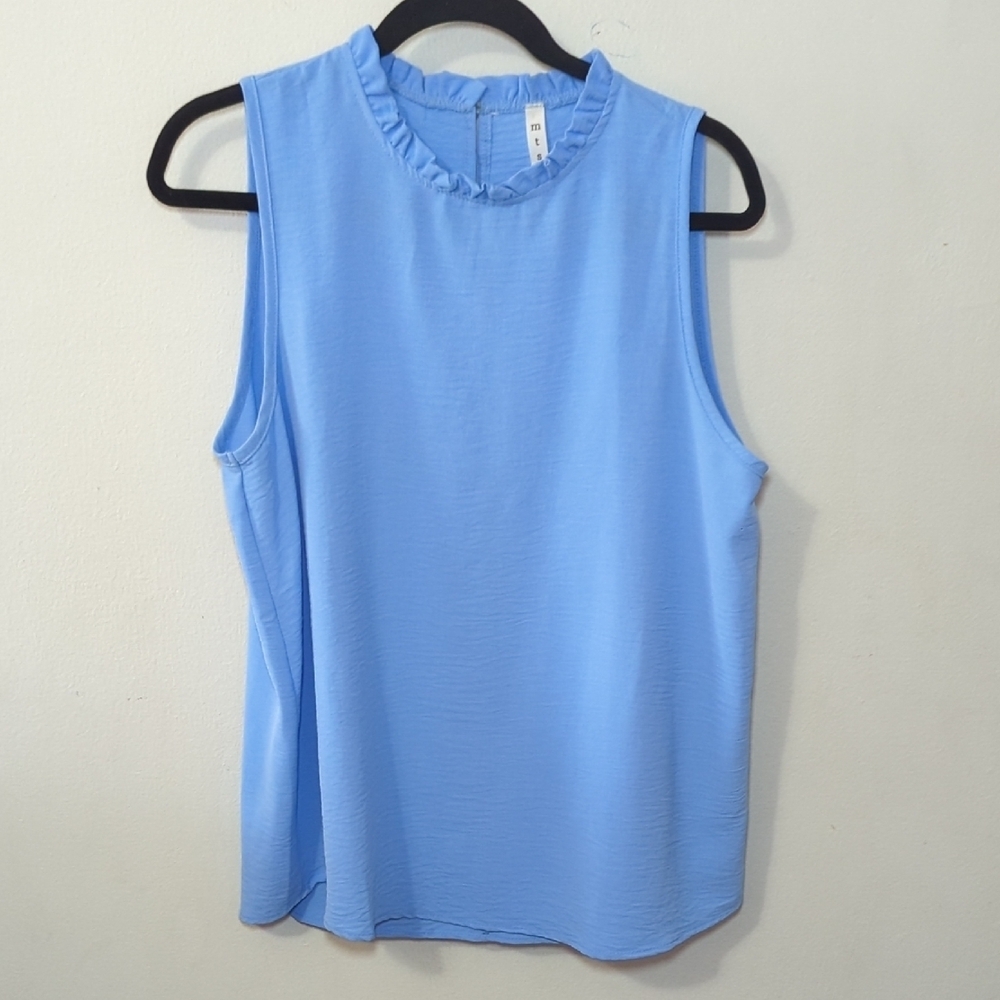 MTS Sleeveless Blue Chiffon Blouse with Ruffle Neckline Women's Size Large